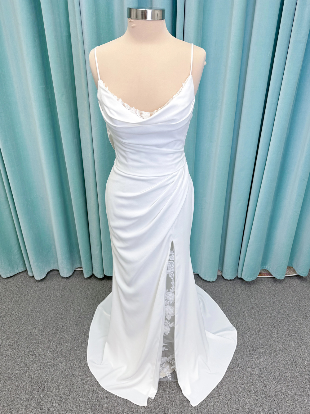 Crepe Wedding Dress with Spaghetti Straps, Low Back, and Lace Slit Sz 10 Ivory